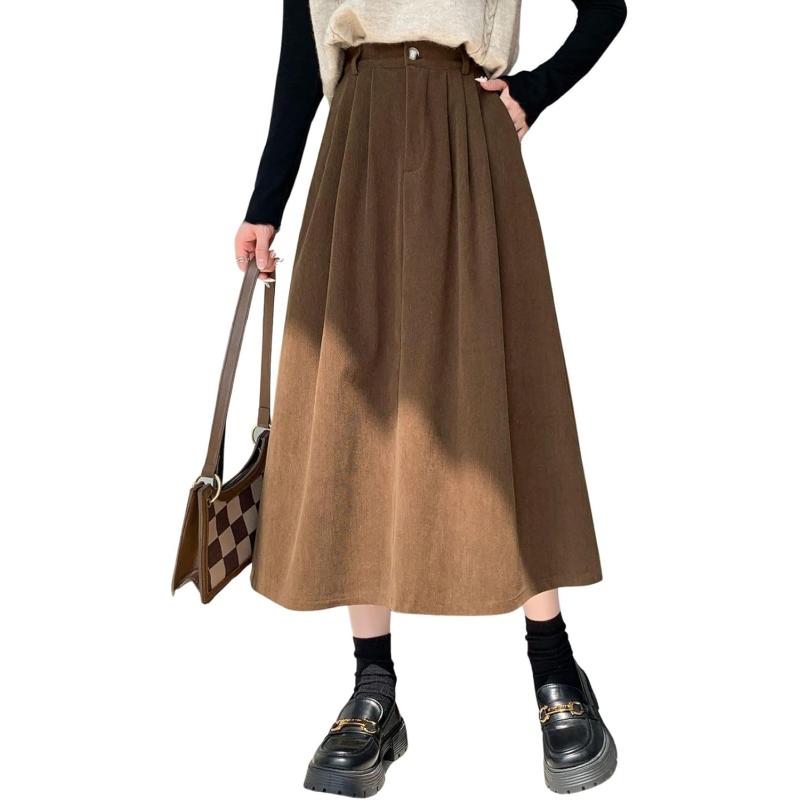 imagechouyatou Womens Vintage Corduroy A Line Skirt High Elastic Waist Pleated Swing Midi Long Skirt with PocketsBrown