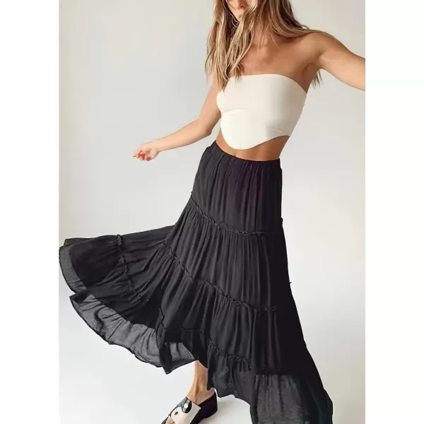 imageWomens Summer Boho Elastic High Waist ALine Beach Flowy Swing Ruffle Hem Tiered Maxi SkirtBlack