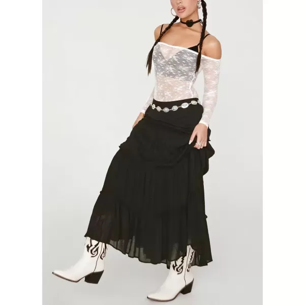 imageWomens Summer Boho Elastic High Waist ALine Beach Flowy Swing Ruffle Hem Tiered Maxi SkirtBlack