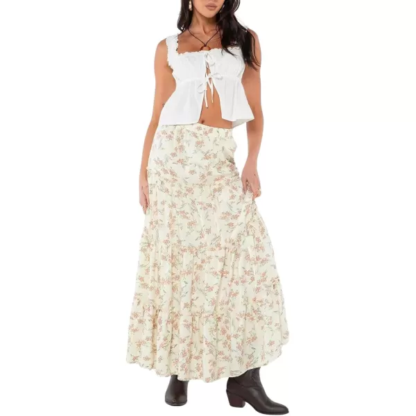imageWomens Summer Boho Elastic High Waist ALine Beach Flowy Swing Ruffle Hem Tiered Maxi SkirtFloral