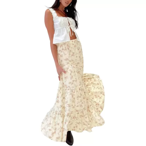 imageWomens Summer Boho Elastic High Waist ALine Beach Flowy Swing Ruffle Hem Tiered Maxi SkirtFloral