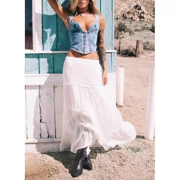 imageWomens Summer Boho Elastic High Waist ALine Beach Flowy Swing Ruffle Hem Tiered Maxi SkirtWhite