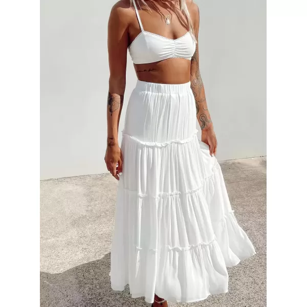 imageWomens Summer Boho Elastic High Waist ALine Beach Flowy Swing Ruffle Hem Tiered Maxi SkirtWhite
