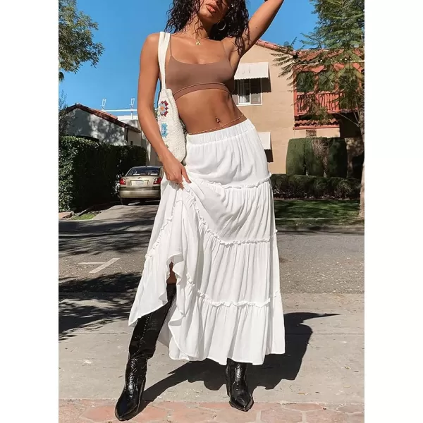 imageWomens Summer Boho Elastic High Waist ALine Beach Flowy Swing Ruffle Hem Tiered Maxi SkirtWhite