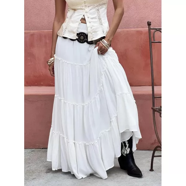 imageWomens Summer Boho Elastic High Waist ALine Beach Flowy Swing Ruffle Hem Tiered Maxi SkirtWhite