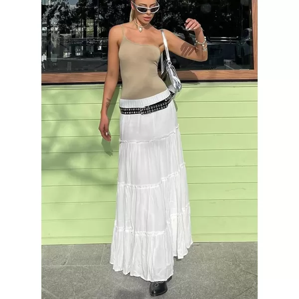 imageWomens Summer Boho Elastic High Waist ALine Beach Flowy Swing Ruffle Hem Tiered Maxi SkirtWhite