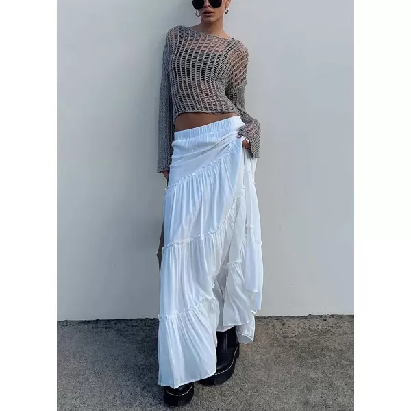 imageWomens Summer Boho Elastic High Waist ALine Beach Flowy Swing Ruffle Hem Tiered Maxi SkirtWhite