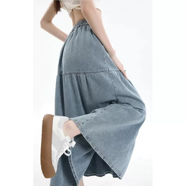 imagechouyatou Women Elastic High Waist Tiered Denim Skirt Pleated A Line Flared Long Maxi Jean SkirtBaby Blue