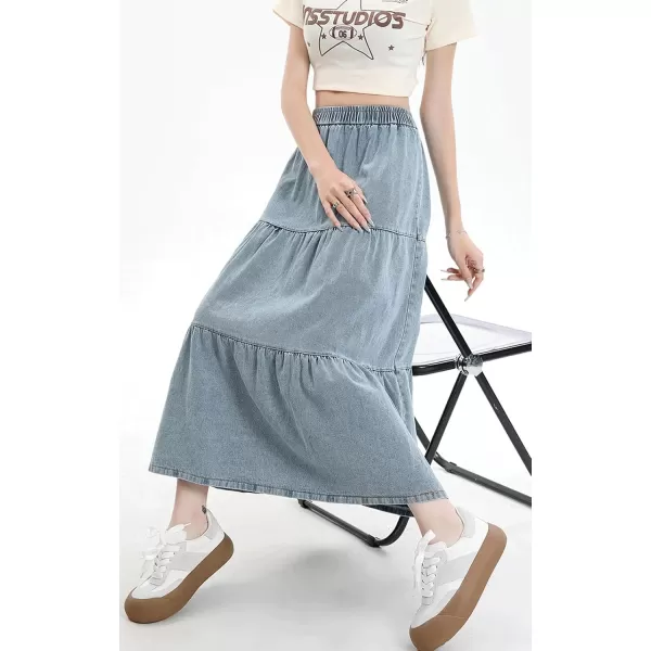 imagechouyatou Women Elastic High Waist Tiered Denim Skirt Pleated A Line Flared Long Maxi Jean SkirtBaby Blue