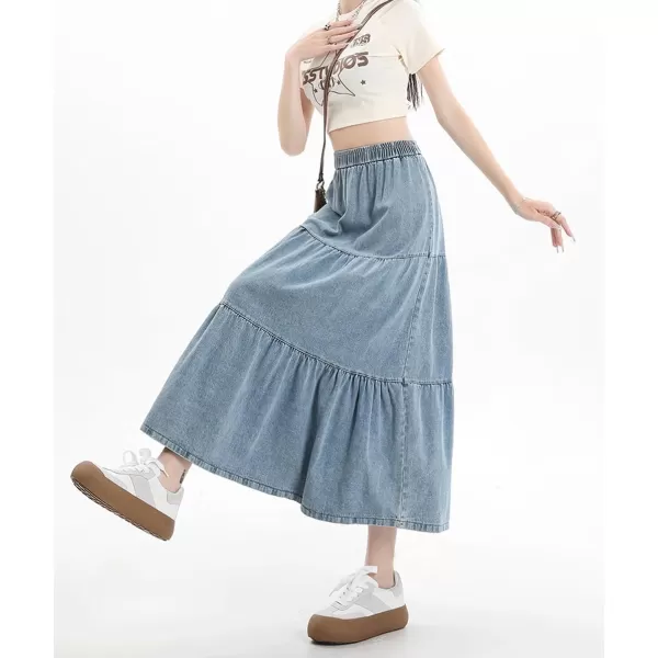 imagechouyatou Women Elastic High Waist Tiered Denim Skirt Pleated A Line Flared Long Maxi Jean SkirtBaby Blue