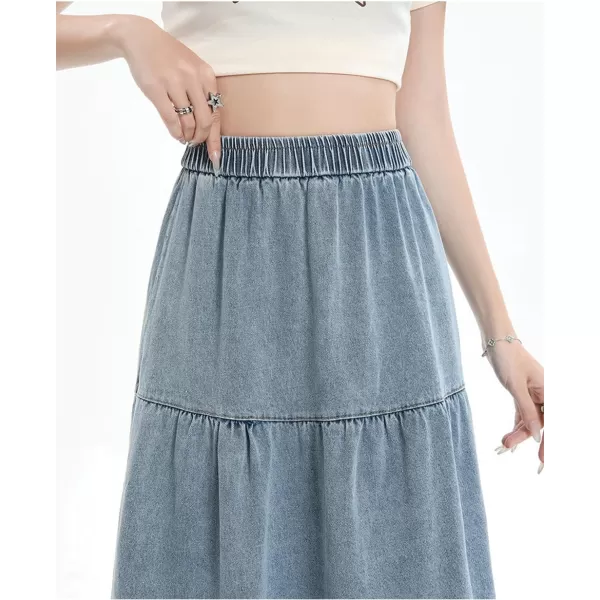 imagechouyatou Women Elastic High Waist Tiered Denim Skirt Pleated A Line Flared Long Maxi Jean SkirtBaby Blue
