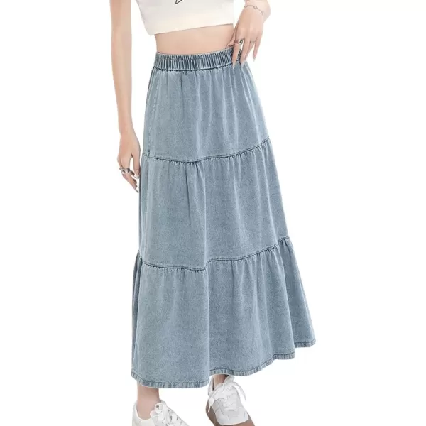 imagechouyatou Women Elastic High Waist Tiered Denim Skirt Pleated A Line Flared Long Maxi Jean SkirtBaby Blue