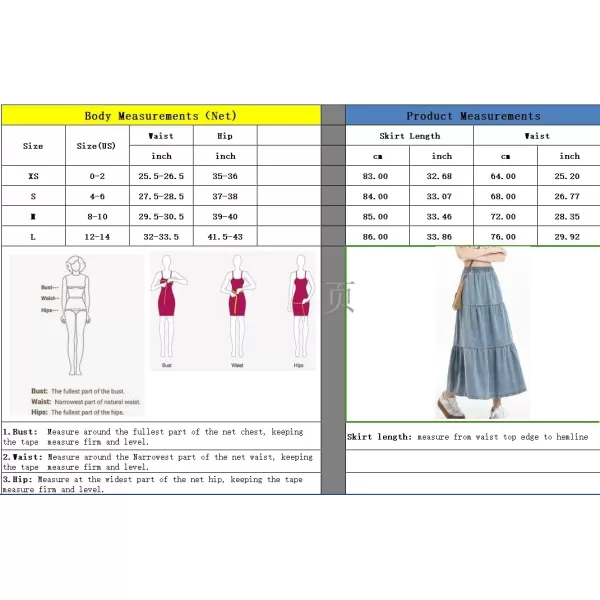 imagechouyatou Women Elastic High Waist Tiered Denim Skirt Pleated A Line Flared Long Maxi Jean SkirtBaby Blue