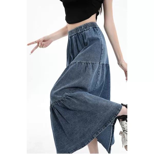 imagechouyatou Women Elastic High Waist Tiered Denim Skirt Pleated A Line Flared Long Maxi Jean SkirtDark Blue