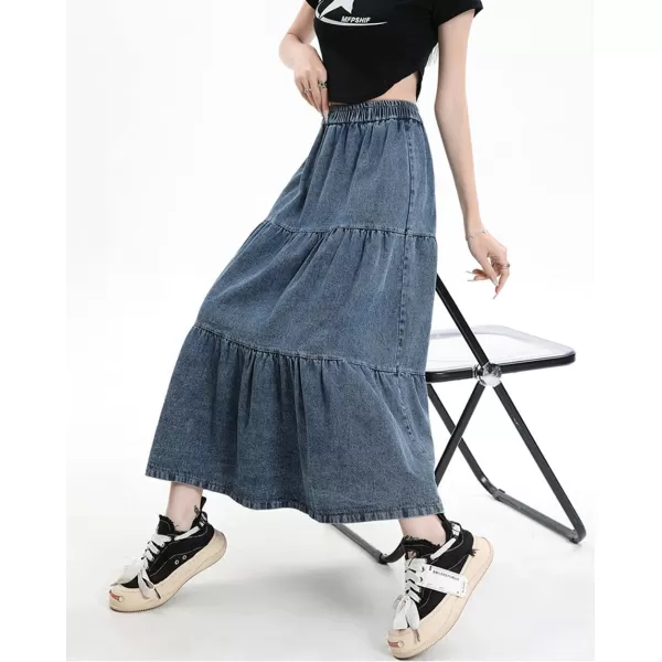 imagechouyatou Women Elastic High Waist Tiered Denim Skirt Pleated A Line Flared Long Maxi Jean SkirtDark Blue