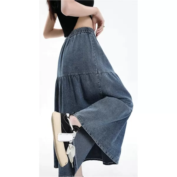 imagechouyatou Women Elastic High Waist Tiered Denim Skirt Pleated A Line Flared Long Maxi Jean SkirtDark Blue