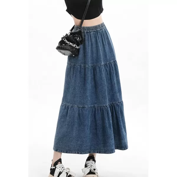 imagechouyatou Women Elastic High Waist Tiered Denim Skirt Pleated A Line Flared Long Maxi Jean SkirtDark Blue