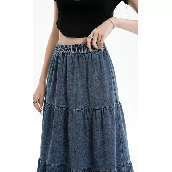 imagechouyatou Women Elastic High Waist Tiered Denim Skirt Pleated A Line Flared Long Maxi Jean SkirtDark Blue