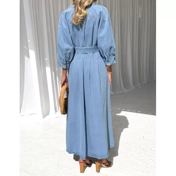 imagechouyatou Womens Boho VNeck Button Down Swing Maxi Denim Dress 34 Sleeve Casual Belted Long Jean DressBlue
