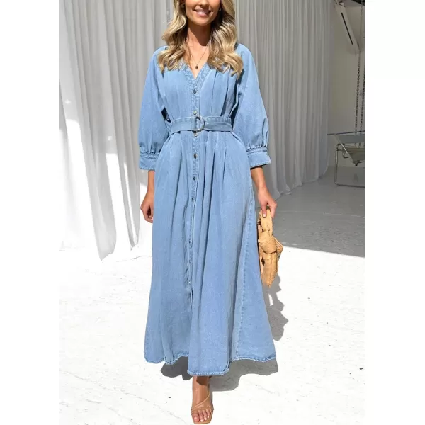 imagechouyatou Womens Boho VNeck Button Down Swing Maxi Denim Dress 34 Sleeve Casual Belted Long Jean DressBlue