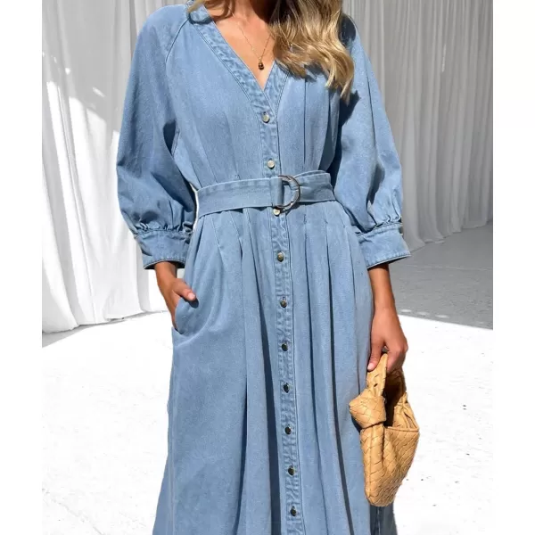 imagechouyatou Womens Boho VNeck Button Down Swing Maxi Denim Dress 34 Sleeve Casual Belted Long Jean DressBlue