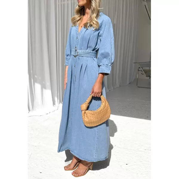 imagechouyatou Womens Boho VNeck Button Down Swing Maxi Denim Dress 34 Sleeve Casual Belted Long Jean DressBlue