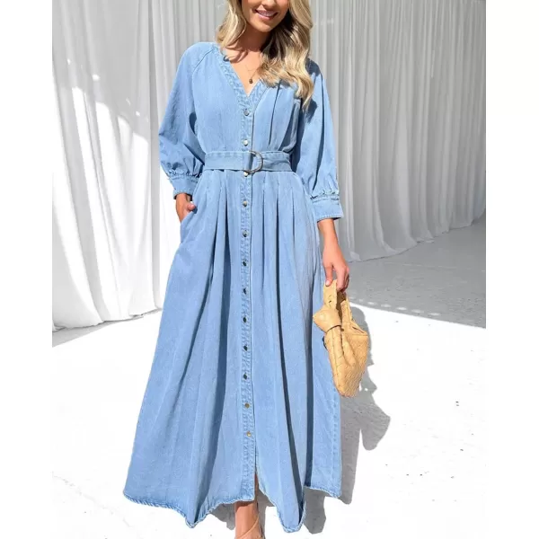 imagechouyatou Womens Boho VNeck Button Down Swing Maxi Denim Dress 34 Sleeve Casual Belted Long Jean DressBlue
