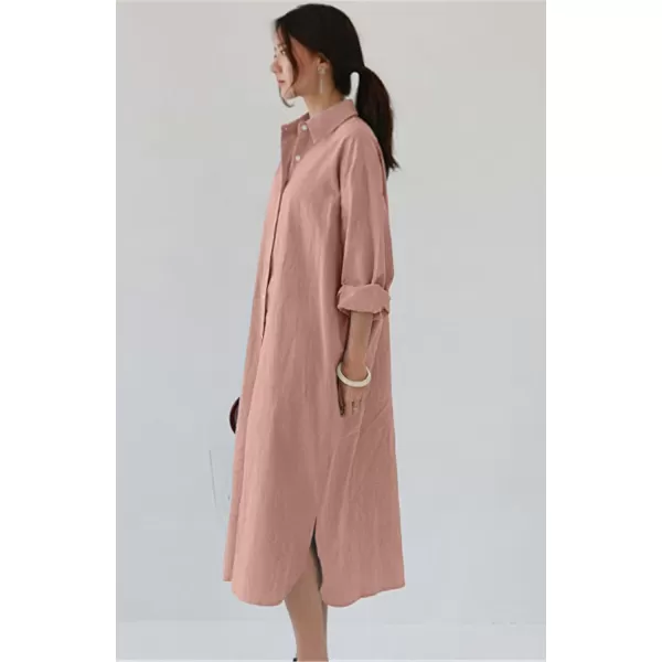 imagechouyatou Womens Casual Long Sleeve Button Down Maxi Shirt Dress Spring Summer Tunic DressDark Pink