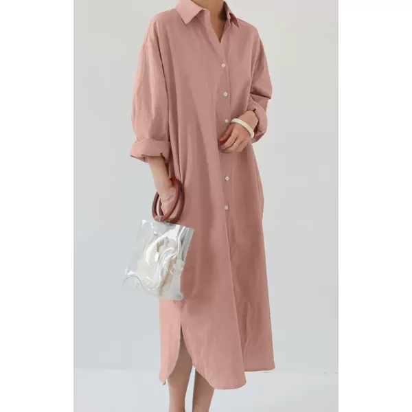 imagechouyatou Womens Casual Long Sleeve Button Down Maxi Shirt Dress Spring Summer Tunic DressDark Pink