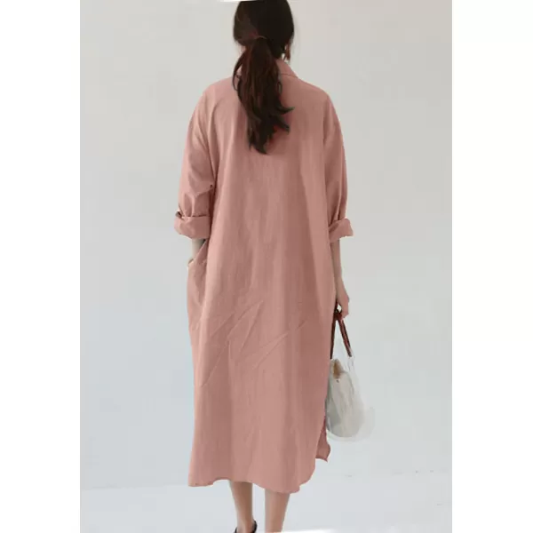 imagechouyatou Womens Casual Long Sleeve Button Down Maxi Shirt Dress Spring Summer Tunic DressDark Pink