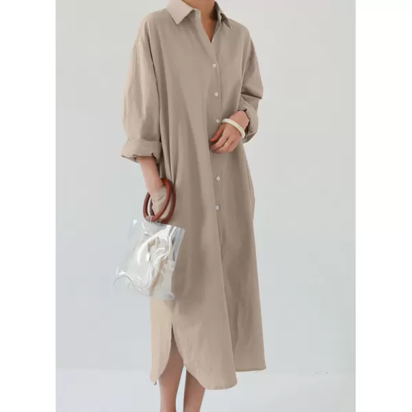 imagechouyatou Womens Casual Long Sleeve Button Down Maxi Shirt Dress Spring Summer Tunic DressKhaki