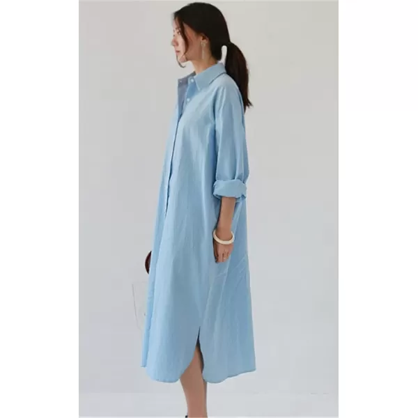 imagechouyatou Womens Casual Long Sleeve Button Down Maxi Shirt Dress Spring Summer Tunic DressLight Blue