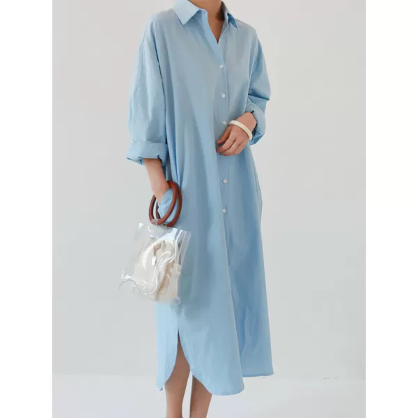 imagechouyatou Womens Casual Long Sleeve Button Down Maxi Shirt Dress Spring Summer Tunic DressLight Blue
