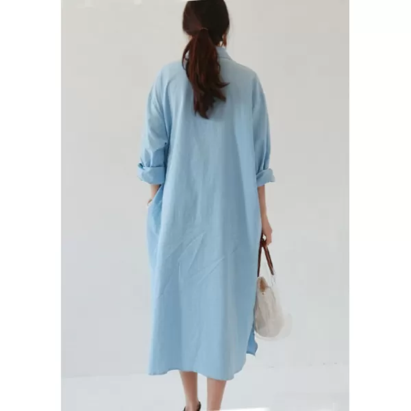 imagechouyatou Womens Casual Long Sleeve Button Down Maxi Shirt Dress Spring Summer Tunic DressLight Blue