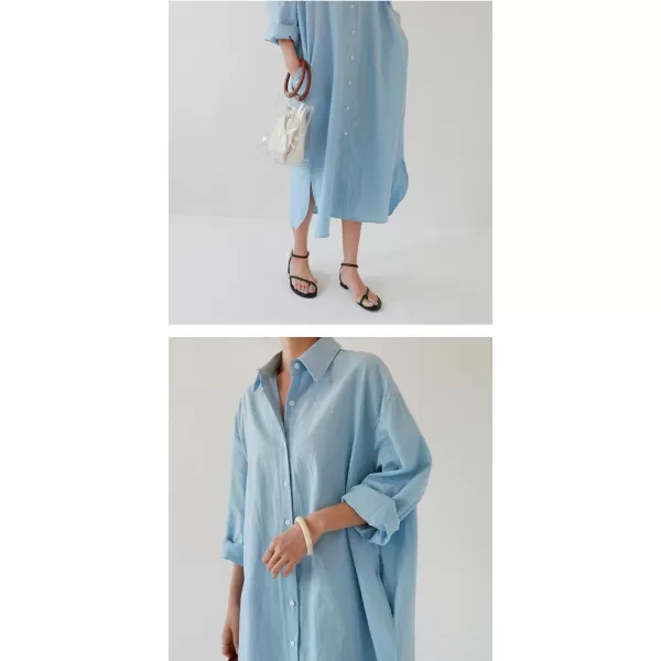 imagechouyatou Womens Casual Long Sleeve Button Down Maxi Shirt Dress Spring Summer Tunic DressLight Blue
