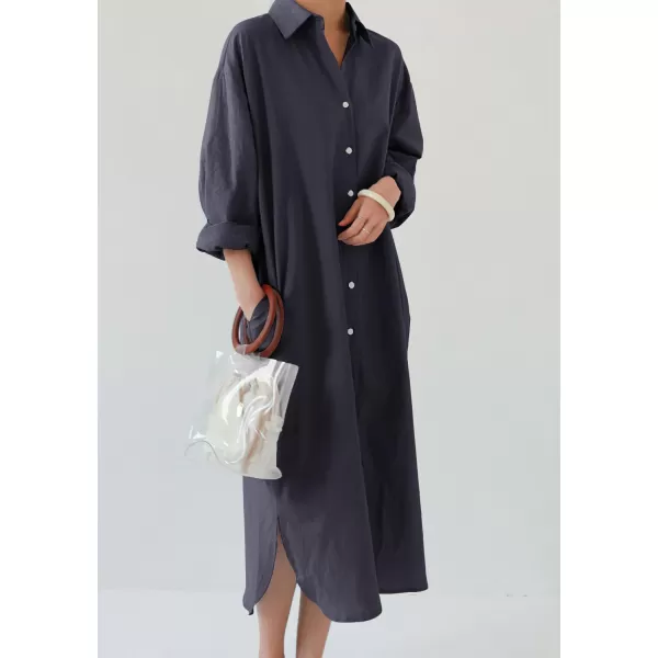 imagechouyatou Womens Casual Long Sleeve Button Down Maxi Shirt Dress Spring Summer Tunic DressNavy Blue