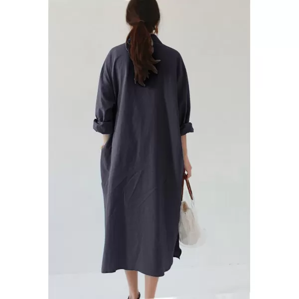 imagechouyatou Womens Casual Long Sleeve Button Down Maxi Shirt Dress Spring Summer Tunic DressNavy Blue