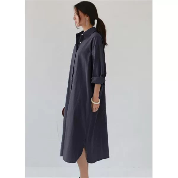 imagechouyatou Womens Casual Long Sleeve Button Down Maxi Shirt Dress Spring Summer Tunic DressNavy Blue