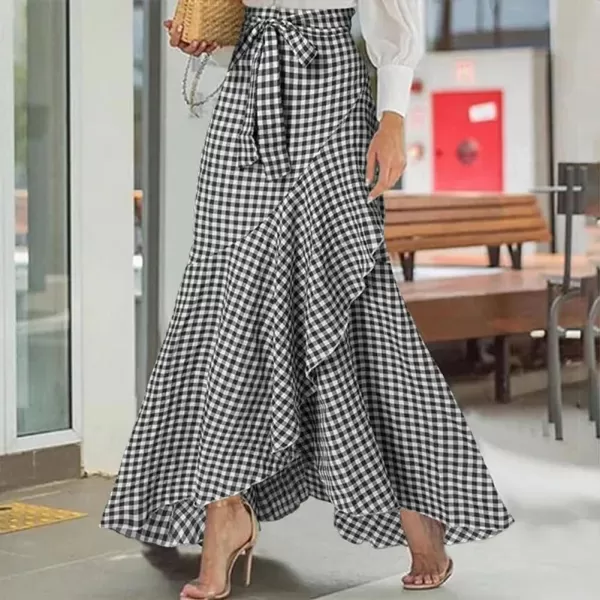 imagechouyatou Womens Casual Plaid Mermaid Maxi Skirt A Line Irregular Ruffle Hem Fishtail Long SkirtPlaid Black