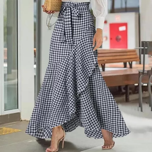 imagechouyatou Womens Casual Plaid Mermaid Maxi Skirt A Line Irregular Ruffle Hem Fishtail Long SkirtPlaid Navy
