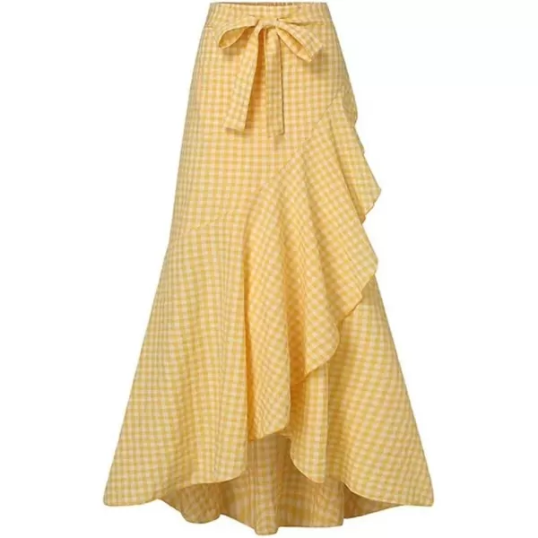 imagechouyatou Womens Casual Plaid Mermaid Maxi Skirt A Line Irregular Ruffle Hem Fishtail Long SkirtPlaid Yellow