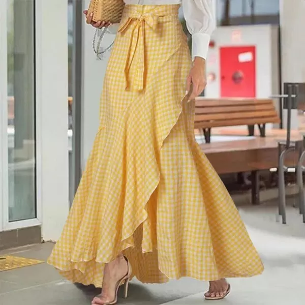 imagechouyatou Womens Casual Plaid Mermaid Maxi Skirt A Line Irregular Ruffle Hem Fishtail Long SkirtPlaid Yellow