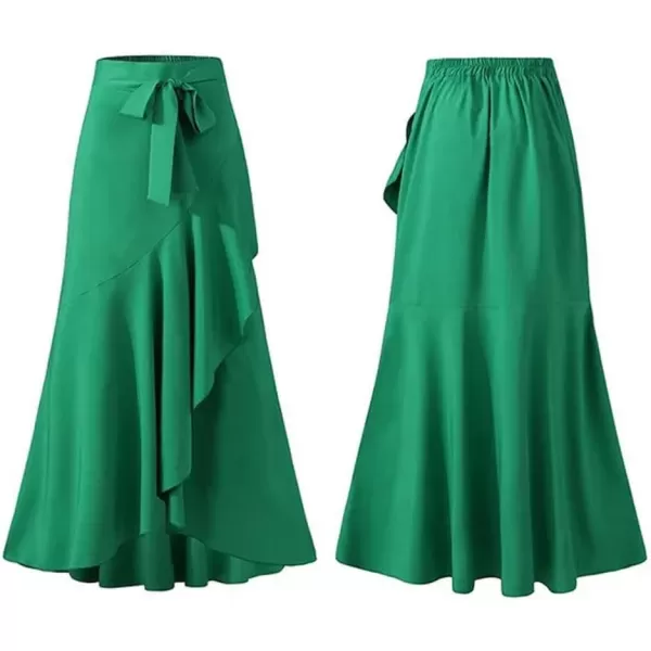 imagechouyatou Womens Casual Plaid Mermaid Maxi Skirt A Line Irregular Ruffle Hem Fishtail Long SkirtSolid Green
