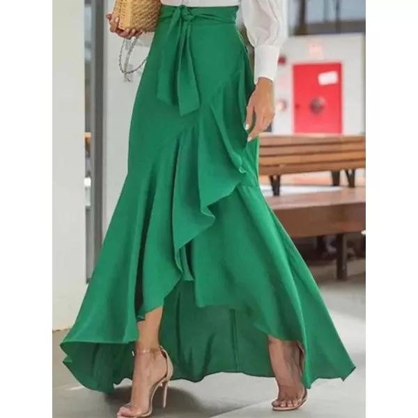 imagechouyatou Womens Casual Plaid Mermaid Maxi Skirt A Line Irregular Ruffle Hem Fishtail Long SkirtSolid Green