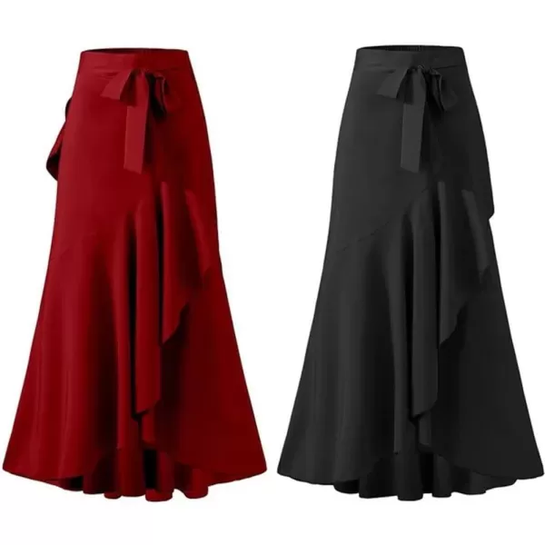 imagechouyatou Womens Casual Plaid Mermaid Maxi Skirt A Line Irregular Ruffle Hem Fishtail Long SkirtSolid Winered