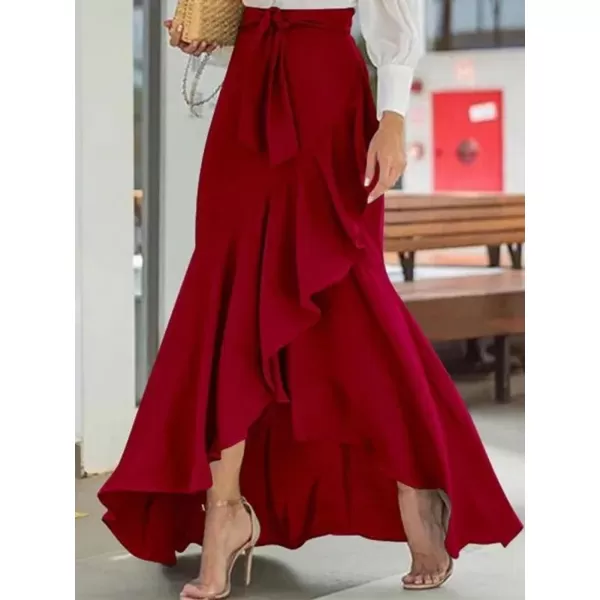 imagechouyatou Womens Casual Plaid Mermaid Maxi Skirt A Line Irregular Ruffle Hem Fishtail Long SkirtSolid Winered