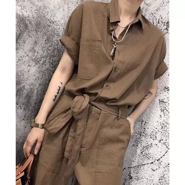 imagechouyatou Womens Collared Short Sleeve High Waist Cargo Jumpsuits Button Down Tie Waist Romper CoveralllsBrown