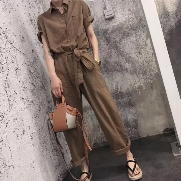 imagechouyatou Womens Collared Short Sleeve High Waist Cargo Jumpsuits Button Down Tie Waist Romper CoveralllsBrown