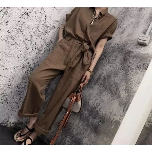 imagechouyatou Womens Collared Short Sleeve High Waist Cargo Jumpsuits Button Down Tie Waist Romper CoveralllsBrown