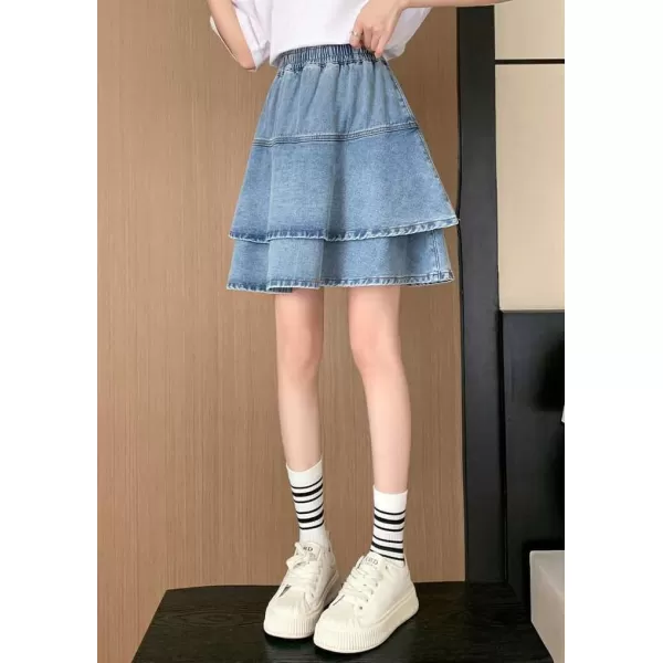 imagechouyatou Womens Cute Denim Ruffle Skirt High Elastic Waist ALine Tiered Swing Jean Mini SkirtBlue